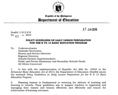 deped order 24 s. 2016|Do 42 s. 2016 Policy Guidelines on Daily Lesson.
